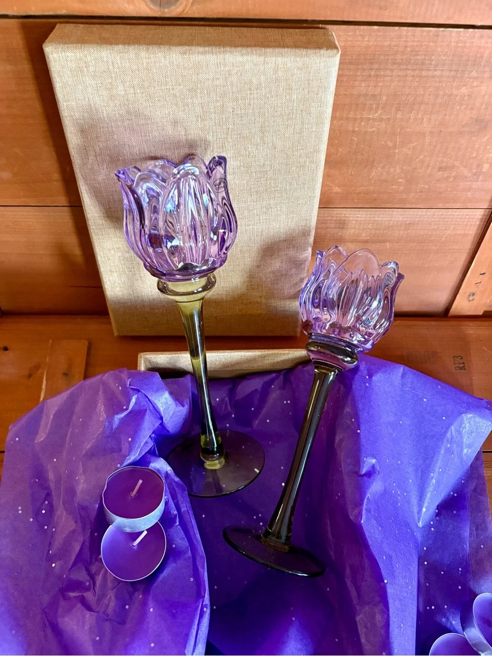 Glass Purple Tulip Tea-Light Candle Holders Set Floral Scalloped Candlesticks